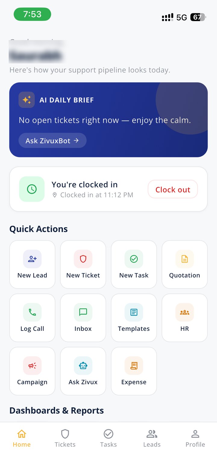 Your day, at a glance — AI Daily Brief + clock in/out + quick actions for every common task. Field reps land on this screen.