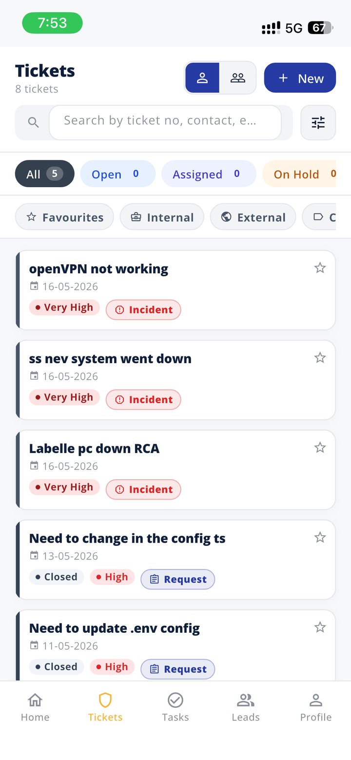 Tickets on the road — Open tickets, incidents and change requests. Filter by priority. Tap to update from anywhere.