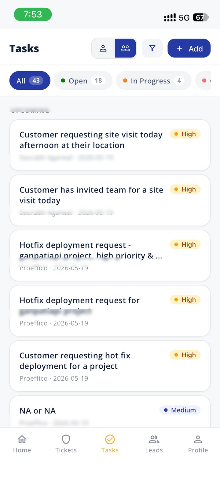 Tasks & reminders — Customer requests, hot-fix deployments, follow-ups — priority-flagged. Mine vs team toggle.
