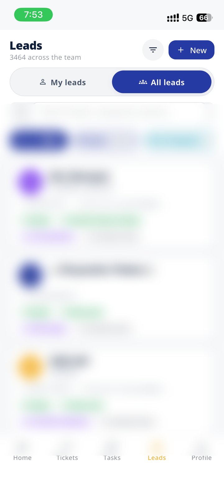 Every lead, on hand — My leads / All leads, with live counters by stage. Tap a card → full timeline.