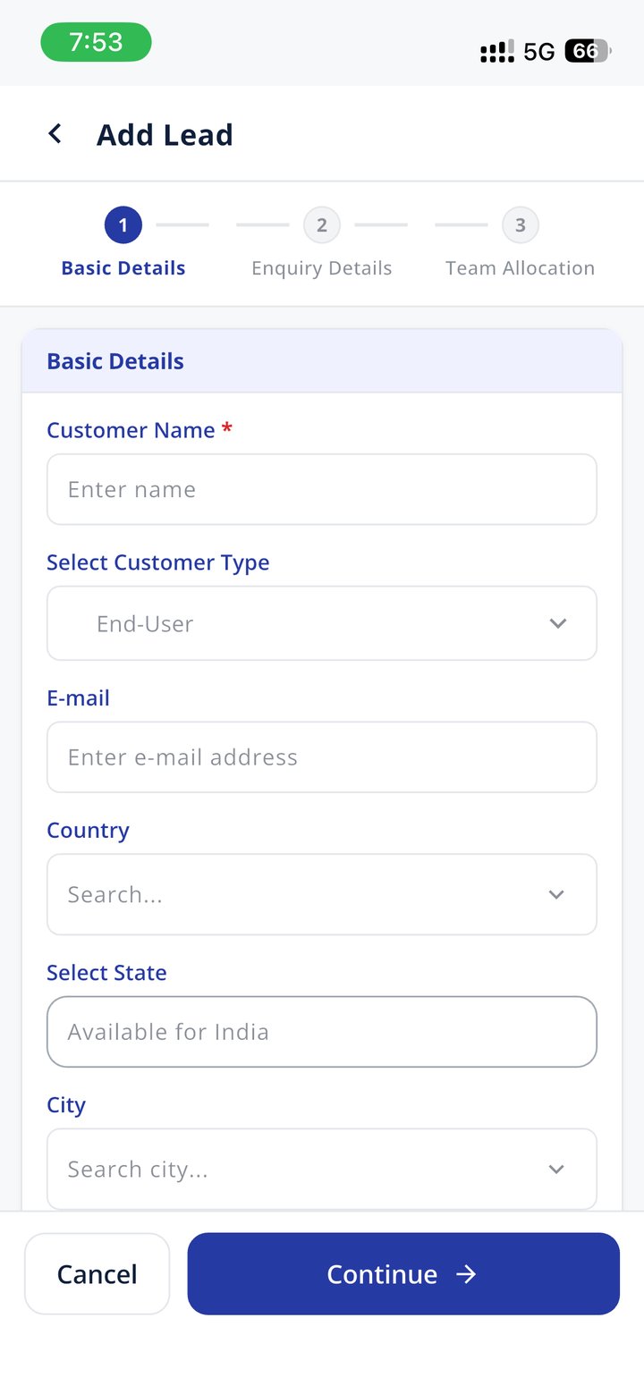 Add a lead in 30 seconds — 3-step wizard: basic details → enquiry → team allocation. Country + state + city smart-search.