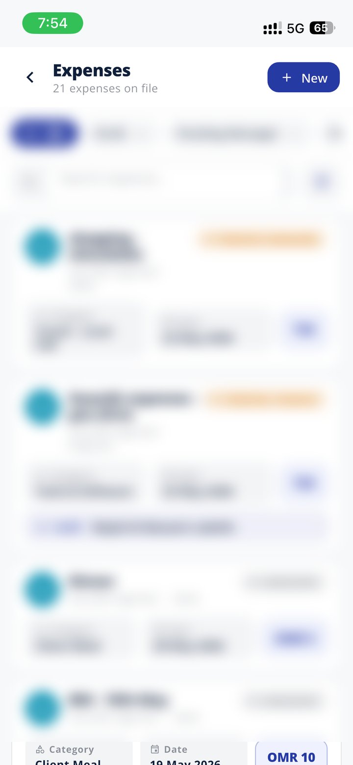 Field expenses — Log travel, meals and client expenses against a lead or general overhead. Pending manager + finance approval queue.