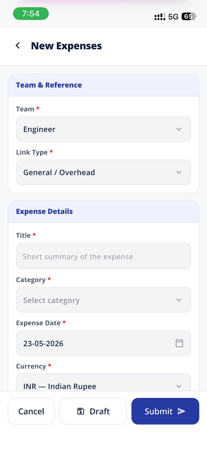 Submit on the go — Team + reference + category + amount — submit, save as draft, or cancel. Multi-currency.