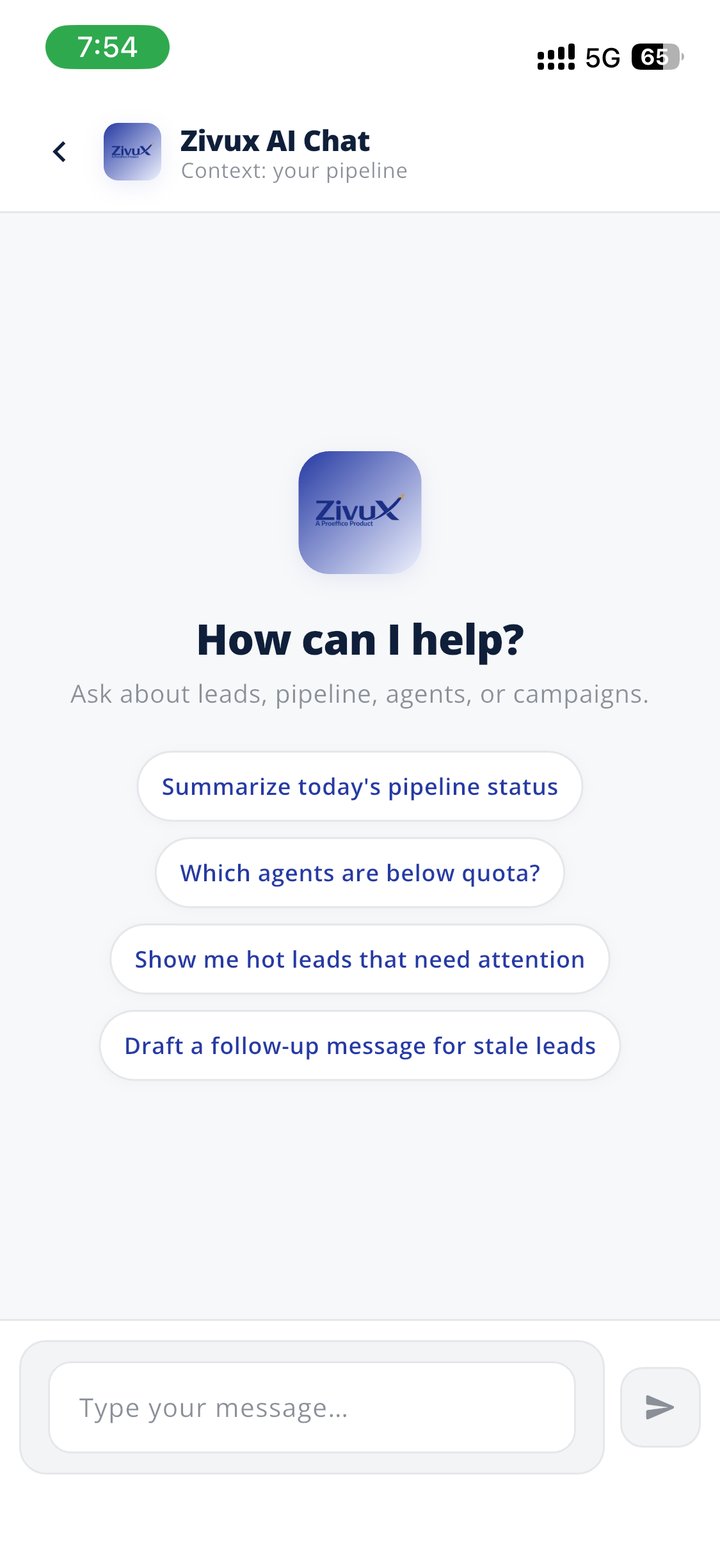 Ask ZIVUX anything — "Summarise today's pipeline." "Which agents are below quota?" "Draft a follow-up for stale leads." All in plain English.