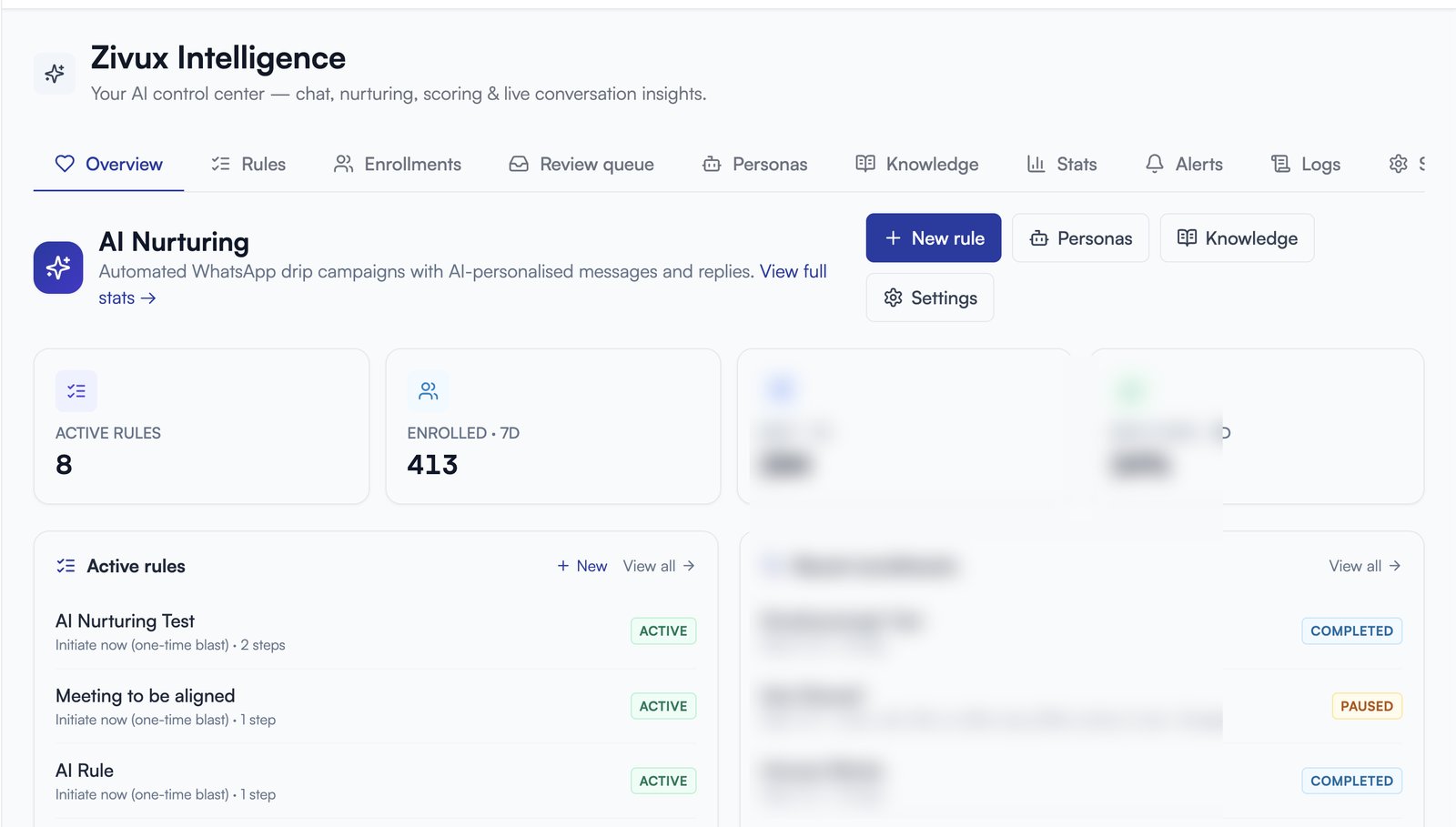 ZIVUX retail WhatsApp campaigns and loyalty nurturing dashboard